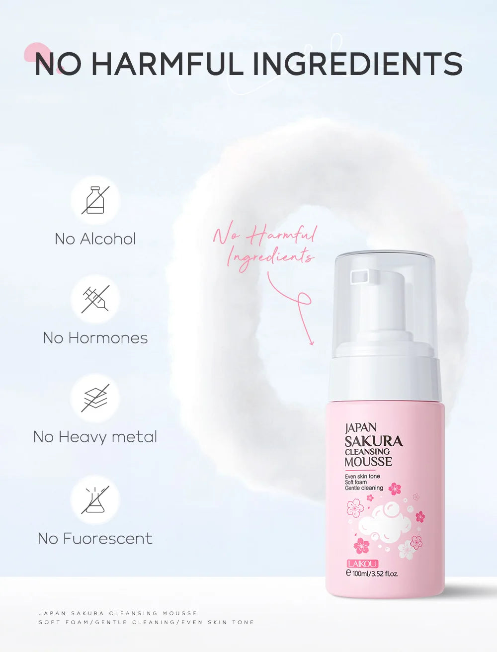 LAlKOU Japan Sakura Cleansing Mousse Facial Cleanser  Shrink Pores Deep Clean Oil Control Moisturizing Skin Care 100ml