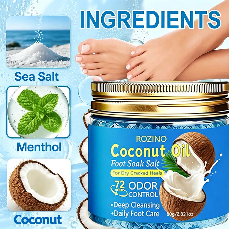 80g Coconut Oil Deodorizing Cleansing Foot Bath Salt, Natural Fragrance for Foot Care, Foot Soaking Exfoliating Salt, Deep Cleansing, Removes Dead Skin Cells, Long-Lasting Moisturizing Care