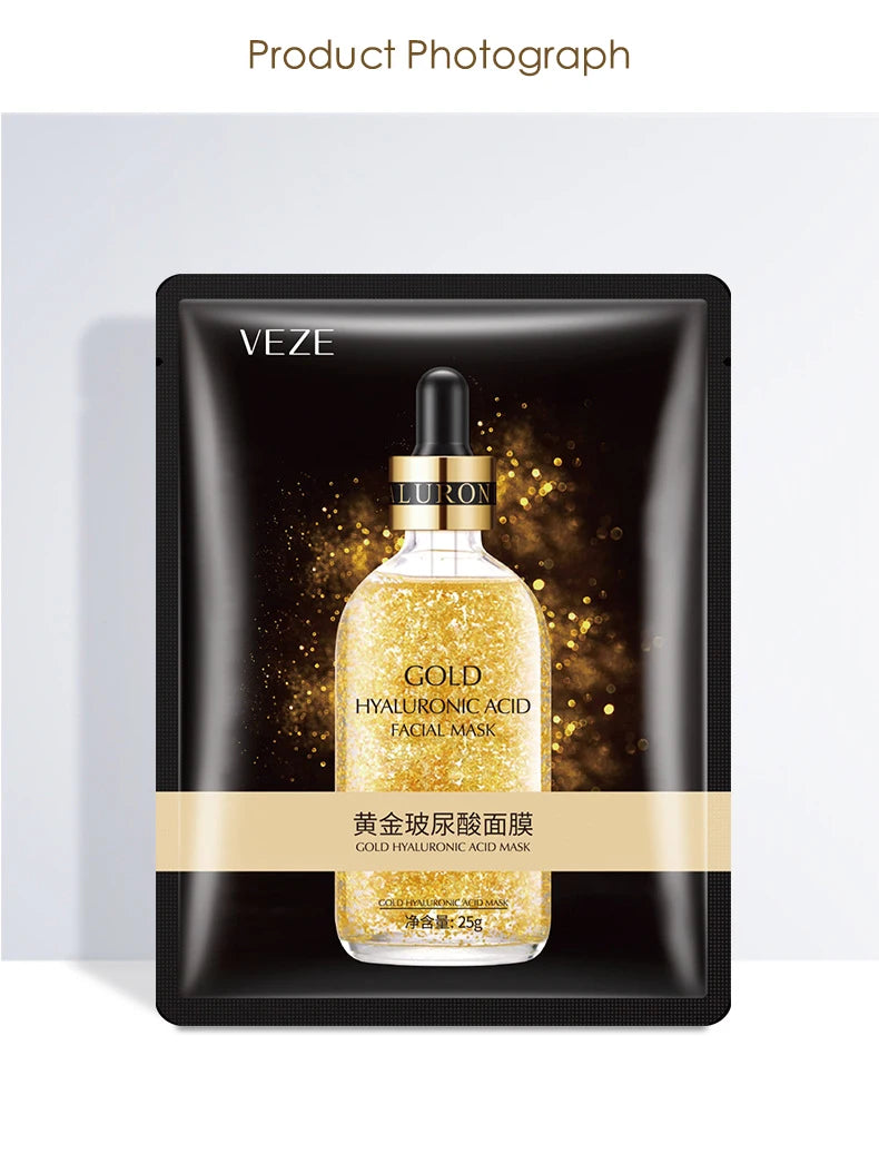 10pcs 24K Gold Hyaluronic Acid Face Mask Firming Moisturizing Hydrating Beauty skincare Sheet Masks Facial Mask Face Care