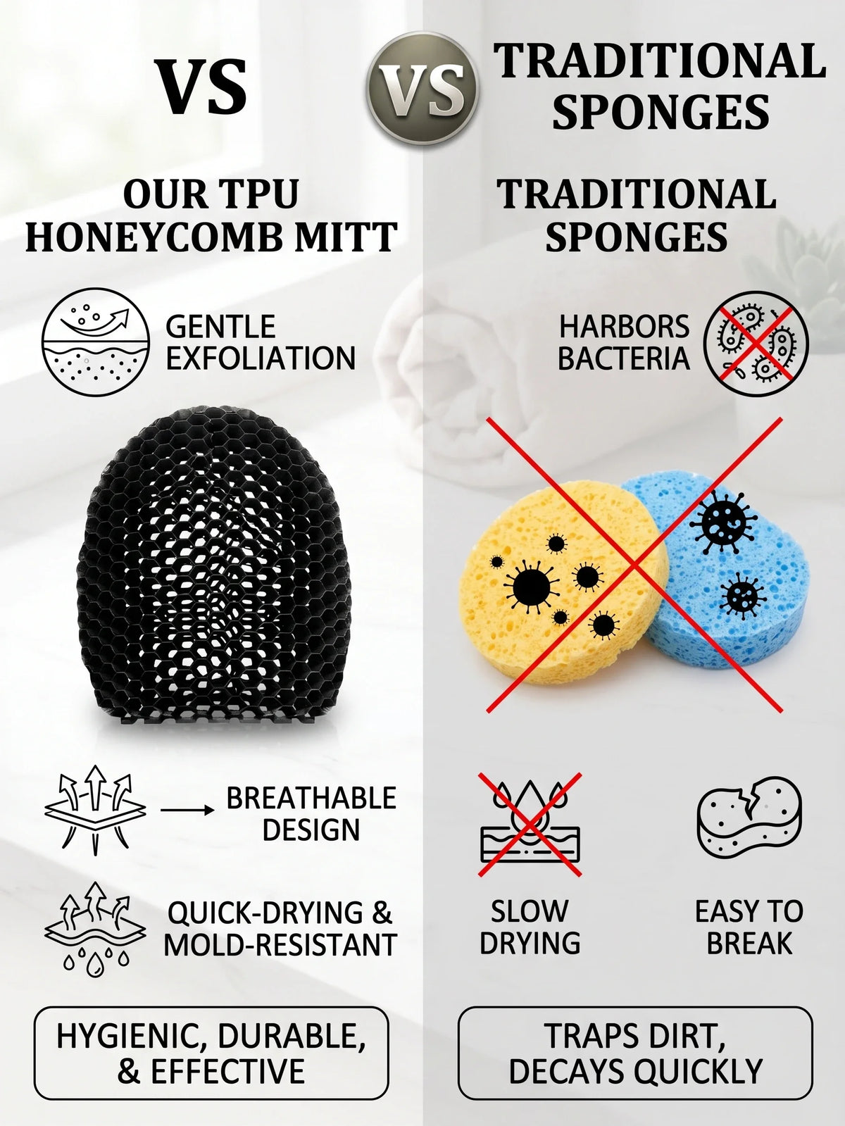 Honeycomb Exfoliating Shower Finger Caps, available in multiple colors, cleanses the skin and is safe, breathable and odorless.