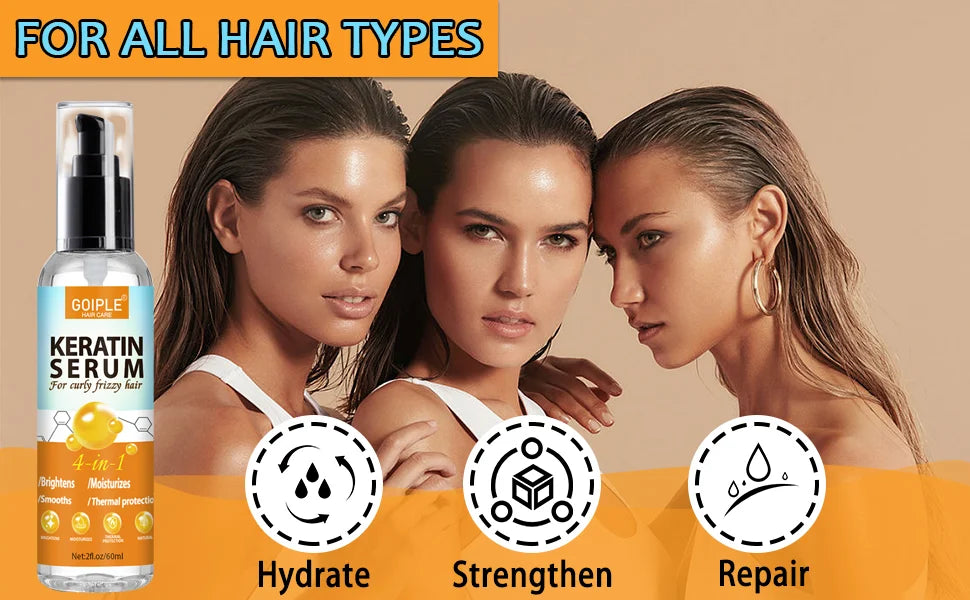 GOIPLE 4 in 1 Water-Based Keratin Serum Moisturizer Repair Dry Damaged Hair Smooth Control Frizz Oil Essence for Curly Frizzy