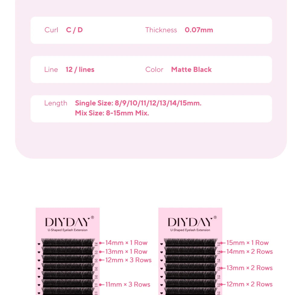 DIYDAY U-shaped YY Eyelash Extension Premium PBT Double Layer U Sahpe YY Lashes Ultra Soft Featherlight False Mink Eyelashes