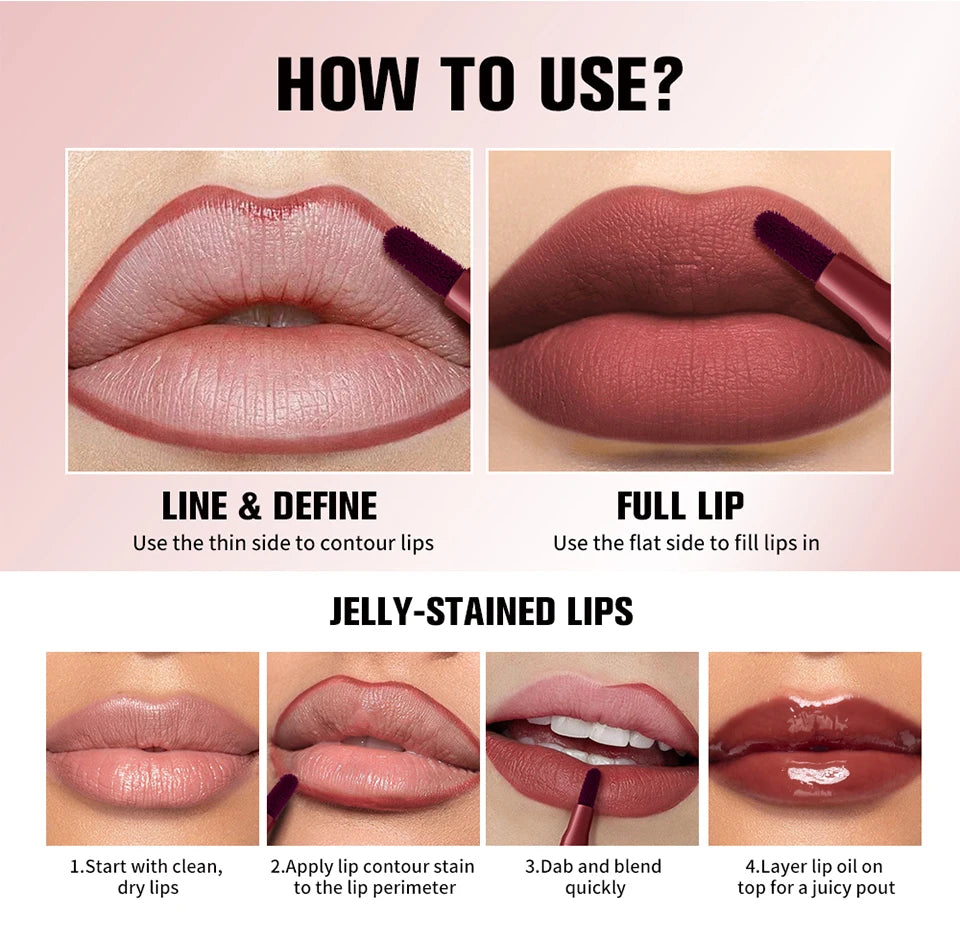 Waterproof 2 In 1 Lip Stain And Liner Pen Long Lasting Smudge Proof Kiss Proof Transfer Resistant 8 Colors Makeup Lip Pencil