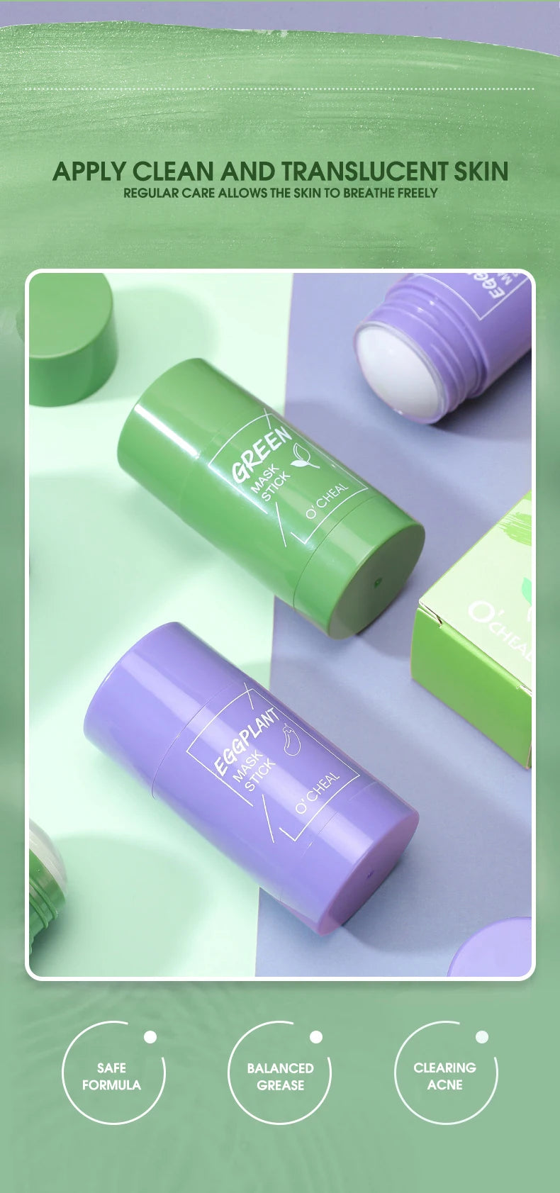 Ocheal Mask Green Tea Bamboo Charcoal Solid Facial Cleansing Stick Deep Cleansing Pores, Removes Blackheads, Controls Oil, Moisturizes and Hydrates, Smear-On Mud Mask for Men and Women.