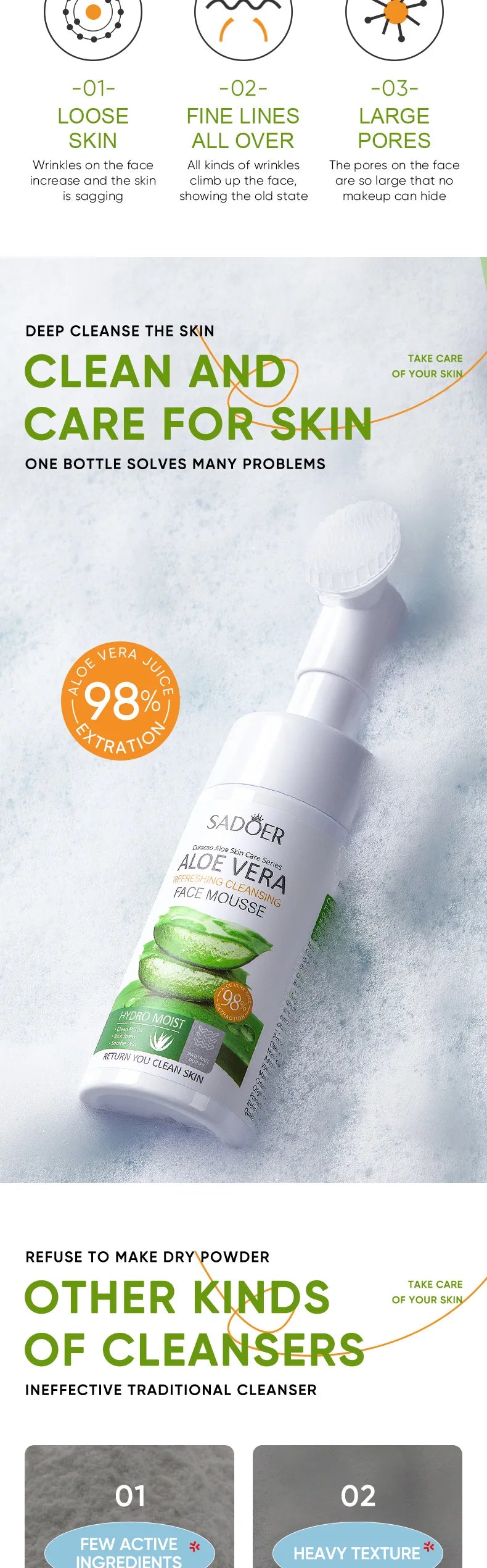 SADOER Aloe Facial Cleanser Massage Cleansing Mousse Moisturizing Deep Cleansing Anti-aigng Face Wash Foam Facial Cleanser