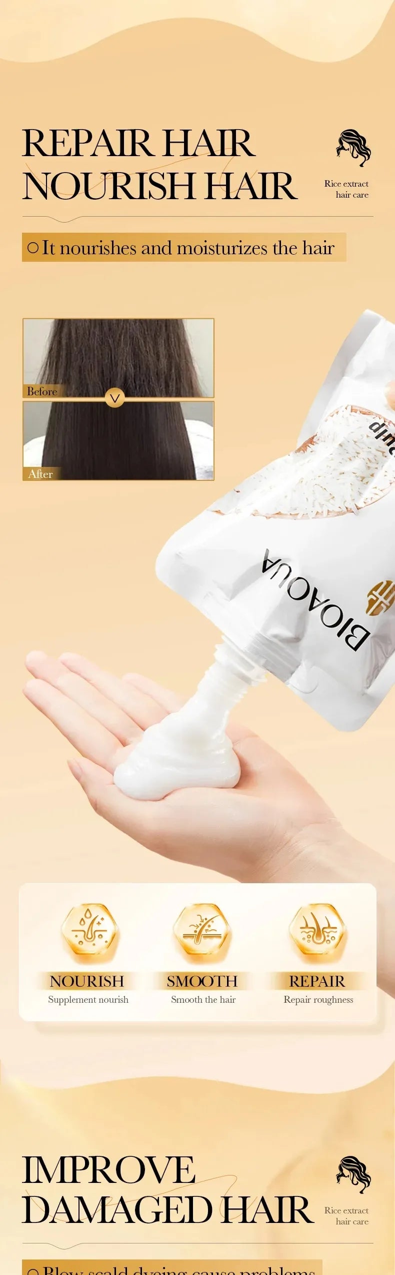 Rice Magic Keratin Hair Mask 5 Seconds Repair Damaged Frizzy Hair Soft Smooth Shine Moisturizing Nourishing Hair Root Care