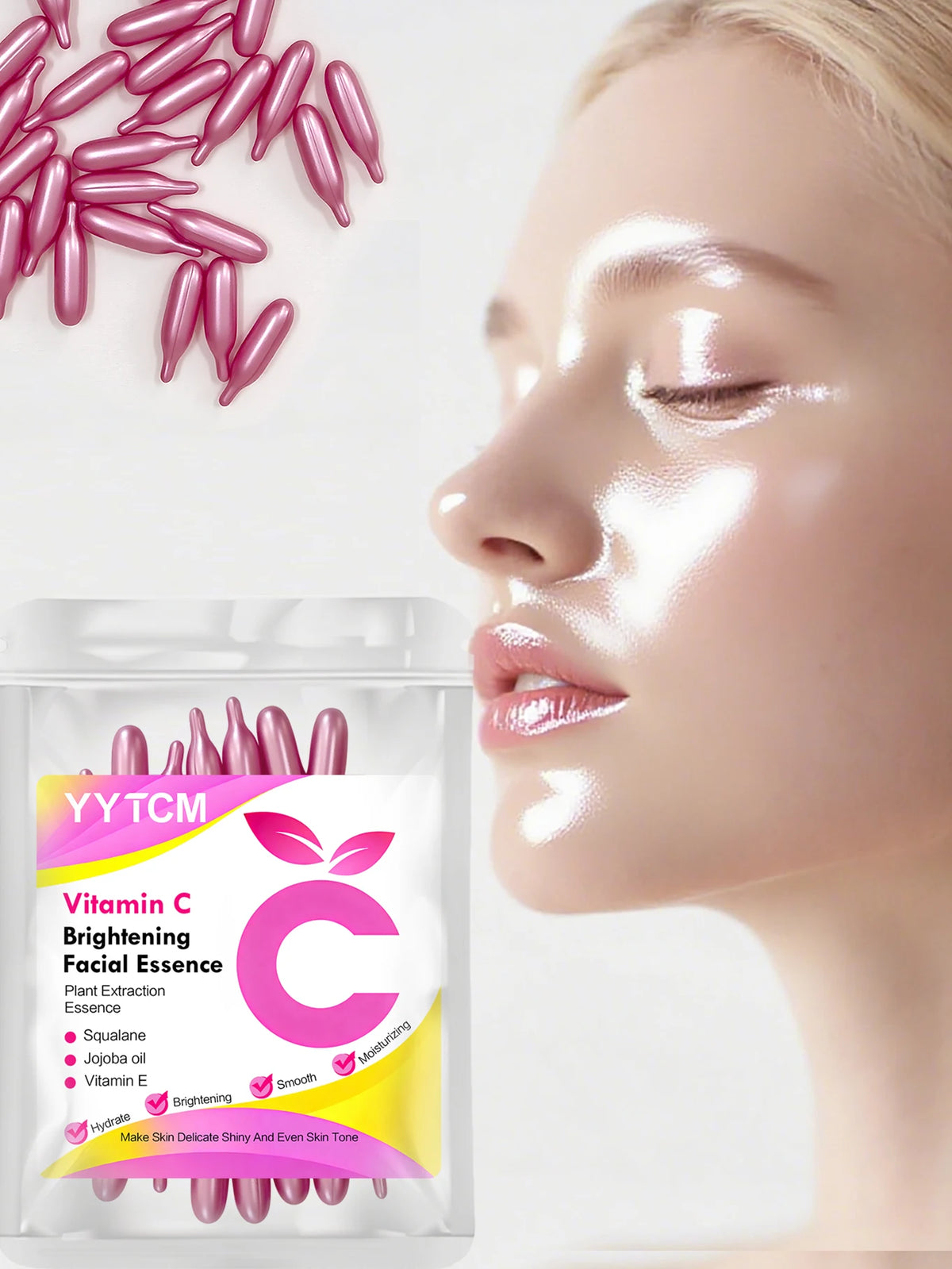 Vitamin C Brightening Skin Moisturizing Capsule Serum, hydrates and smooths the skin, contains plant squalane, vitamin E, magnolia oil, and jojoba seed oil for deep hydration and skin brightening (0.4g x 30 capsules)/bag-1 ba