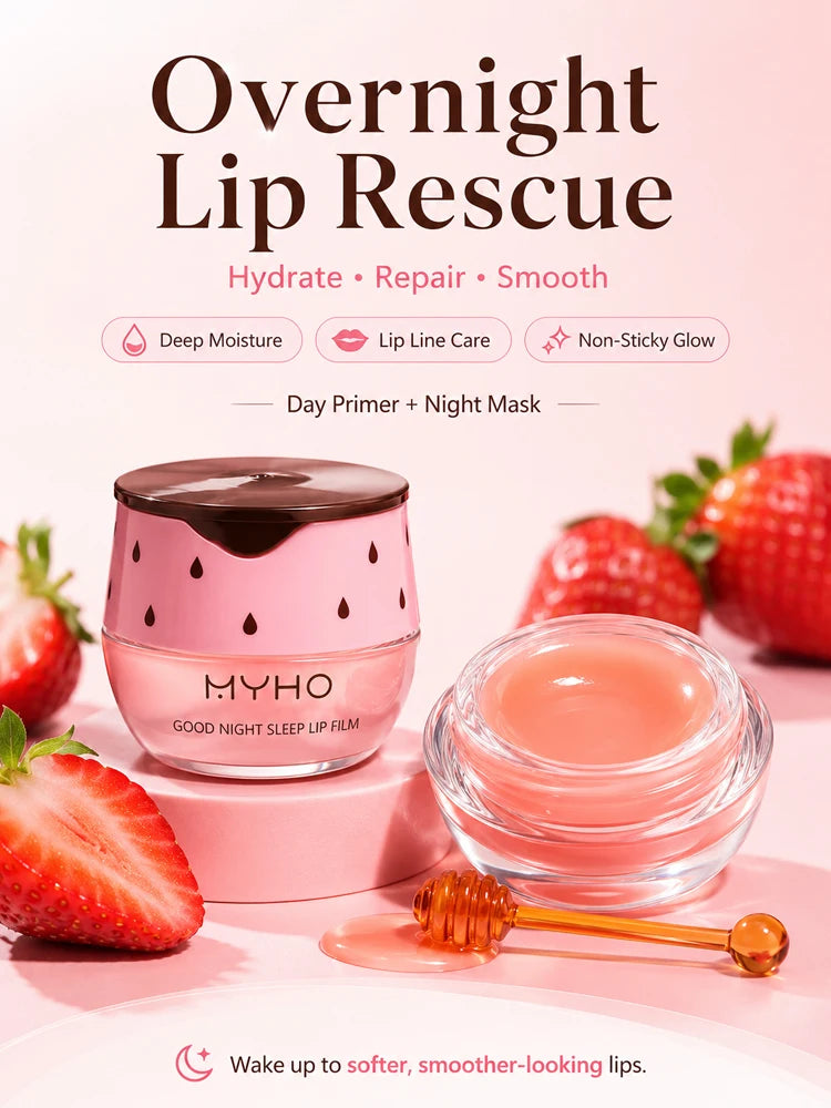 MYHO Strawberry Lip Sleeping Mask Overnight Repair Balm Hydrating Moisturizing Jelly Lip Care Non-Sticky Gloss with Applicator