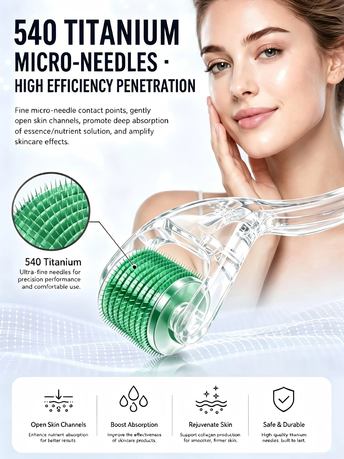 540 Titanium Derma Roller 0.2/0.25/0.3mm Microneedling Tool for Hair Beard Growth Skin Rejuvenation Anti Wrinkle