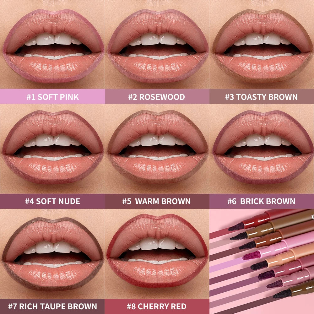 Waterproof 2 In 1 Lip Stain And Liner Pen Long Lasting Smudge Proof Kiss Proof Transfer Resistant 8 Colors Makeup Lip Pencil