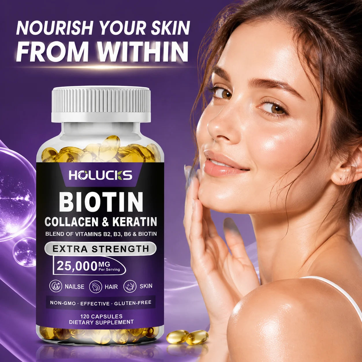 Biotin+Collagen+Keratin Capsules, Hydration, Promotes Hair Growth, Strengthens Weak Nails, Joints & Bones, Anti-Aging, Whitening
