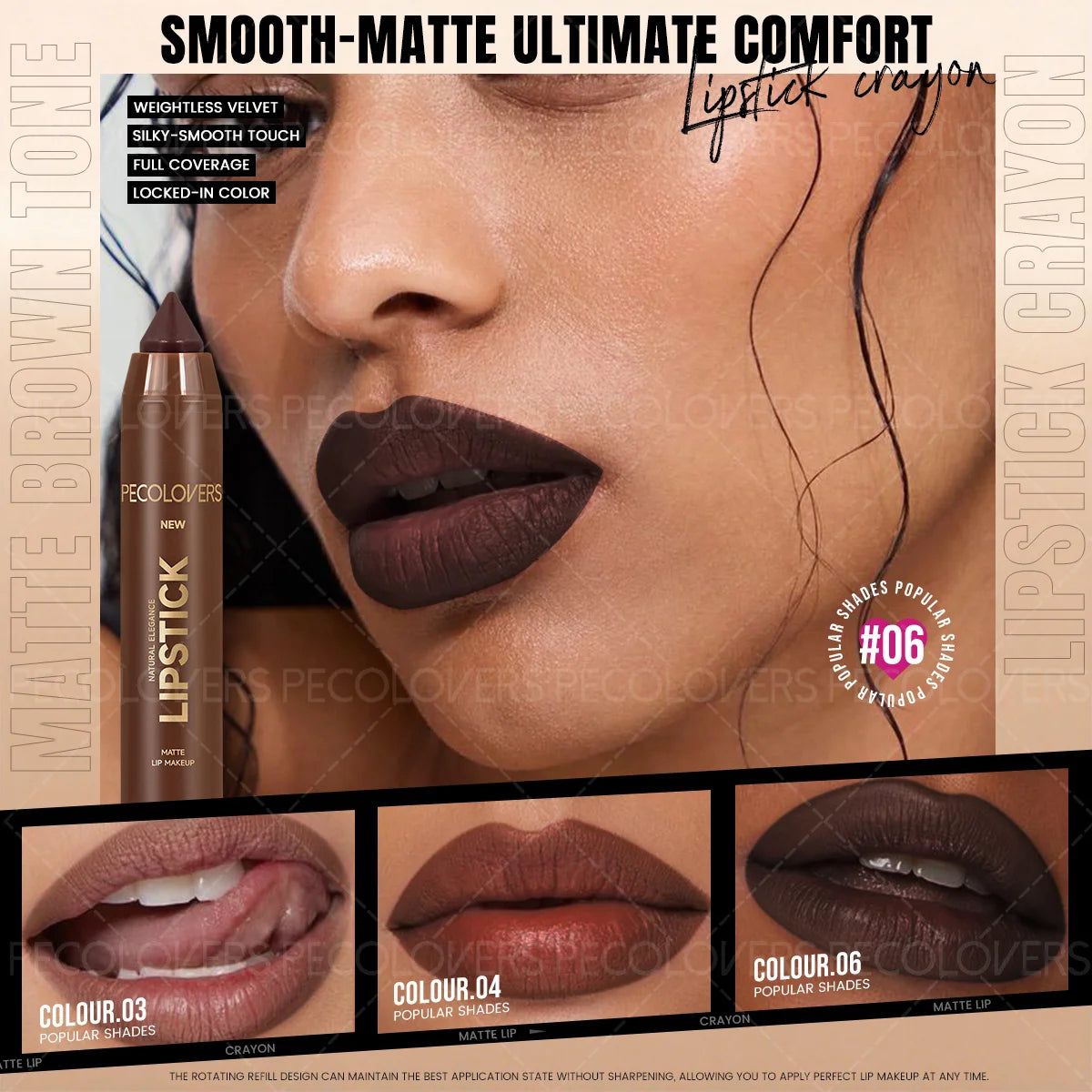 1PC Brown Matte Lip Liner Crayon, Smooth Application, Highly Pigmented, Long-lasting Wear, Lip Cosmetics