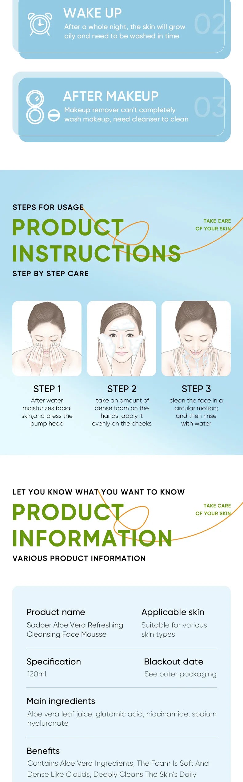 SADOER Aloe Facial Cleanser Massage Cleansing Mousse Moisturizing Deep Cleansing Anti-aigng Face Wash Foam Facial Cleanser