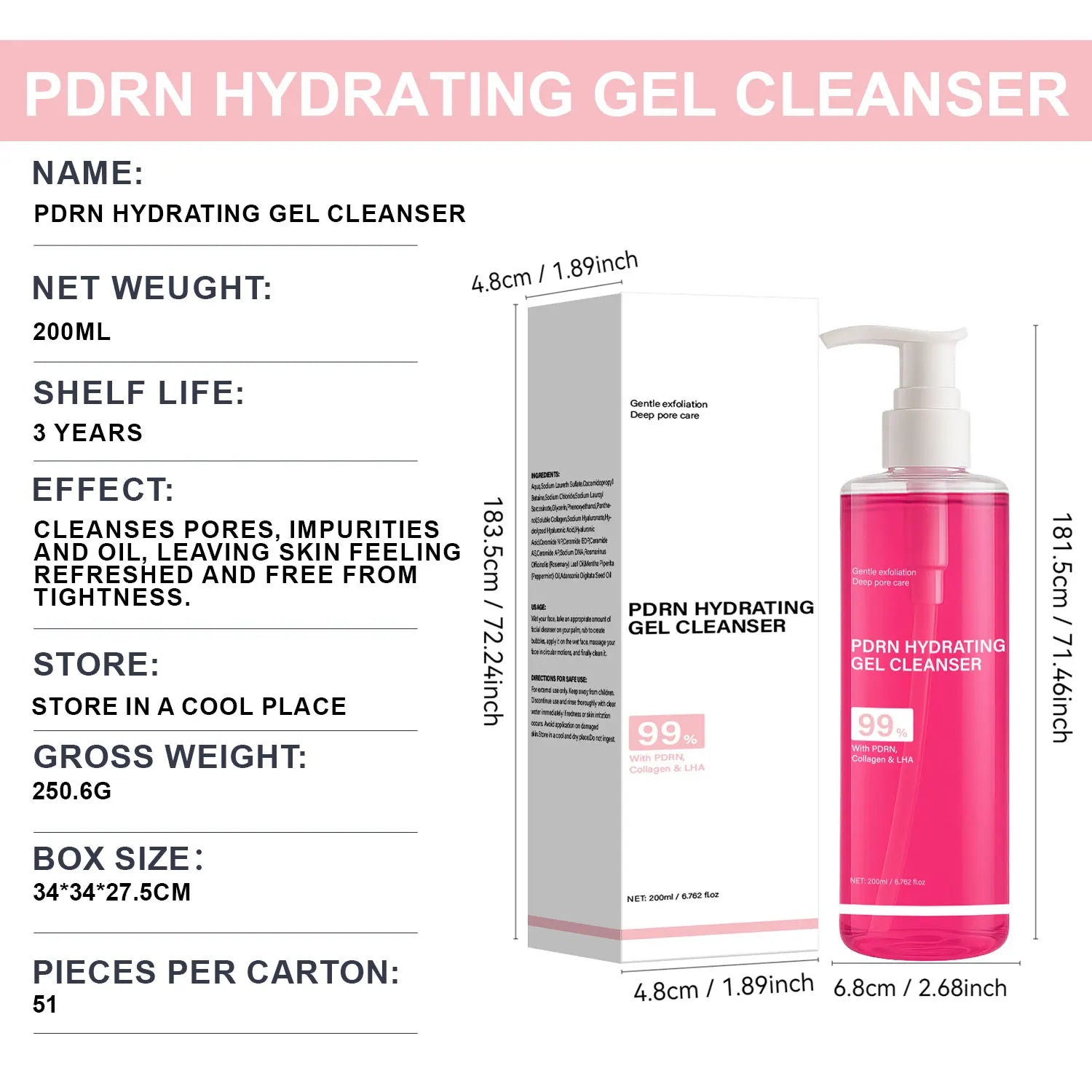 PDRN Hydrating Gel Cleanser, Salmon Pink Foam Cleansing Gel with PDRN & Collagen,Deep Cleansing,Gentle and Non-irritating, 200ml