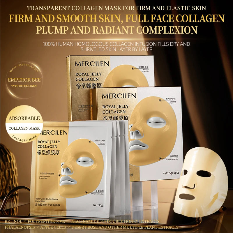MERCILEN Firming Hydrating Mask 35g*5 pieces, contains collagen, royal jelly, peptides, retinol, and other skin-beautifying ingredients to moisturize and hydrate, improve dry skin, lock in skin moisture, prevent water loss, a