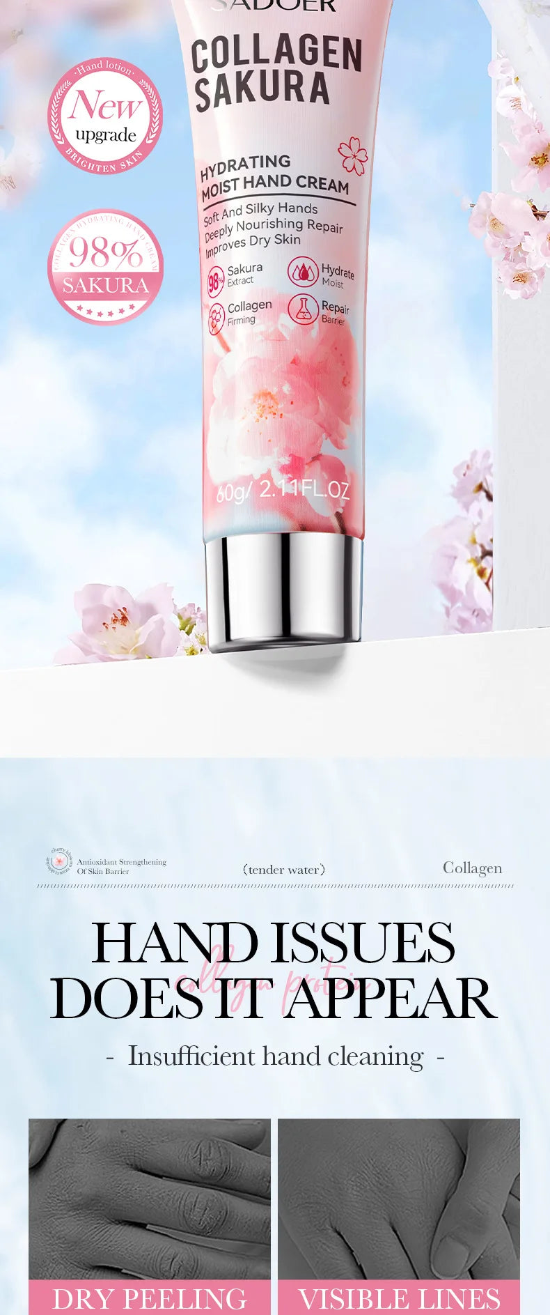 SADOER Sakura Collagen Hand Cream Hands Moisturizing Nourishing Brightening Hydrating Hands Creams Hand Skin Care Products