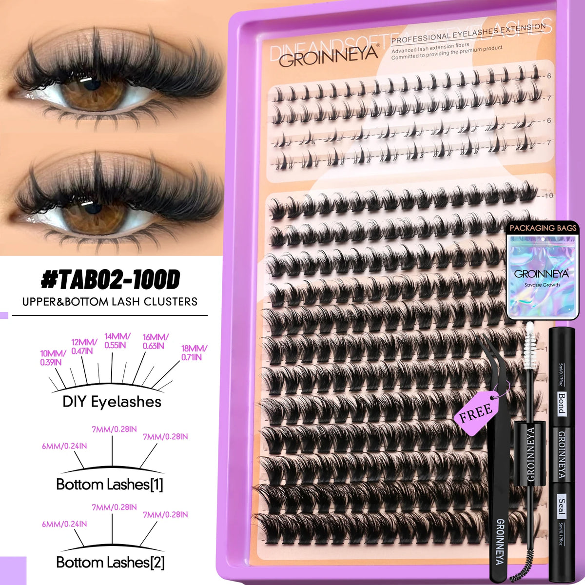 GROINNEYA Manga Lash Clusters Kit Fluffy 3D Mink Faux Cluster Lashes Kit Lashes Extension with Bond and Seal Makeup Kit