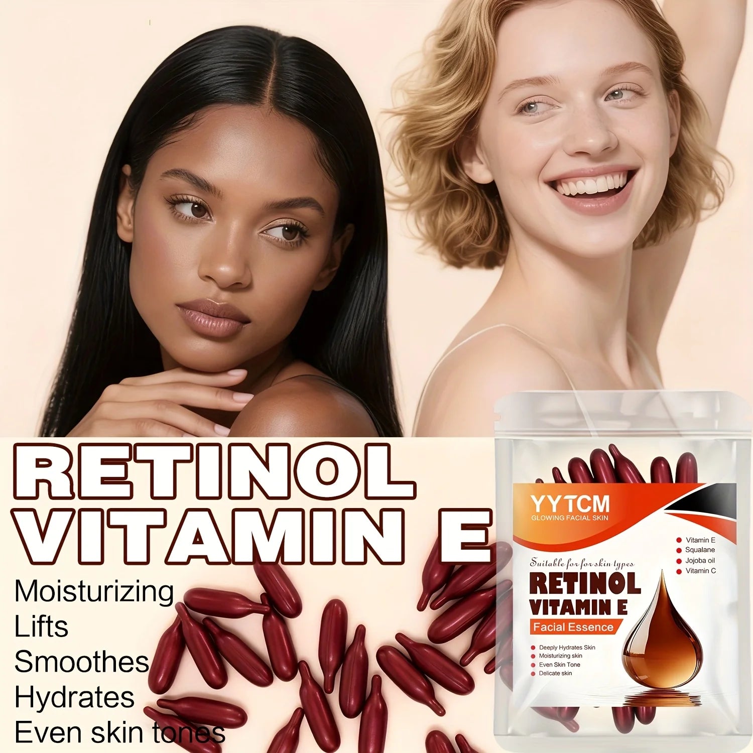 Retinol Vitamin E Deep Moisturizing Capsule Essence, Hydrates, Firms, and Smooths Skin, Contains Plant-Based Squalane, Vitamin C, Deep Moisturizing and Brightening Skin Essence (0.4Gx30 Capsules)/Pack-1 Pack