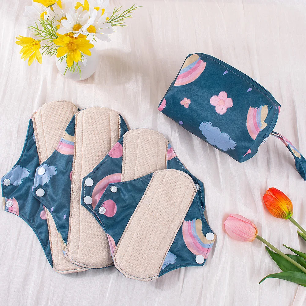 Reusable Sanitary  Napkins Washable Cotton Panty Liners Soft Cloth Menstrual Pads  4pcs Pads with 1pc Mini Wet Bag