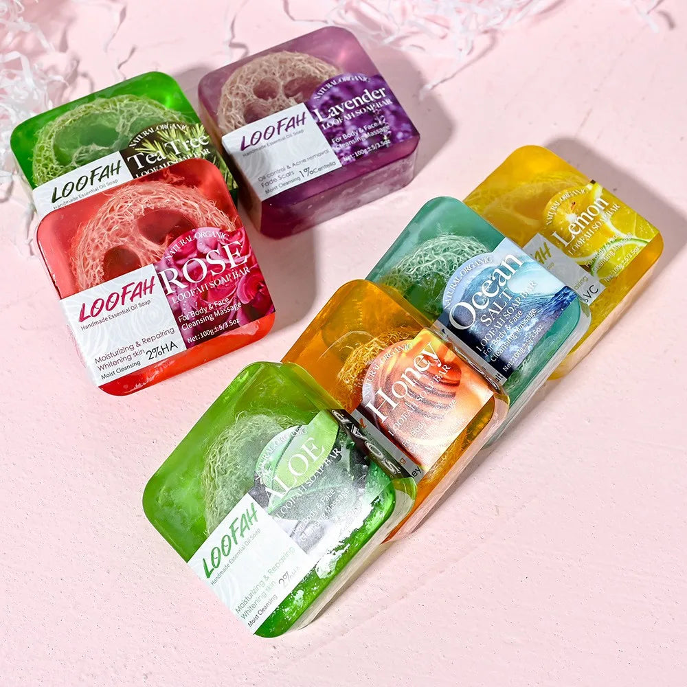 Facial Honey Loofah Soap Acne Treatment Tea Tree Lemon Rose Whitening Handmade Eco-friendly Sponge Honey Loofah Soap