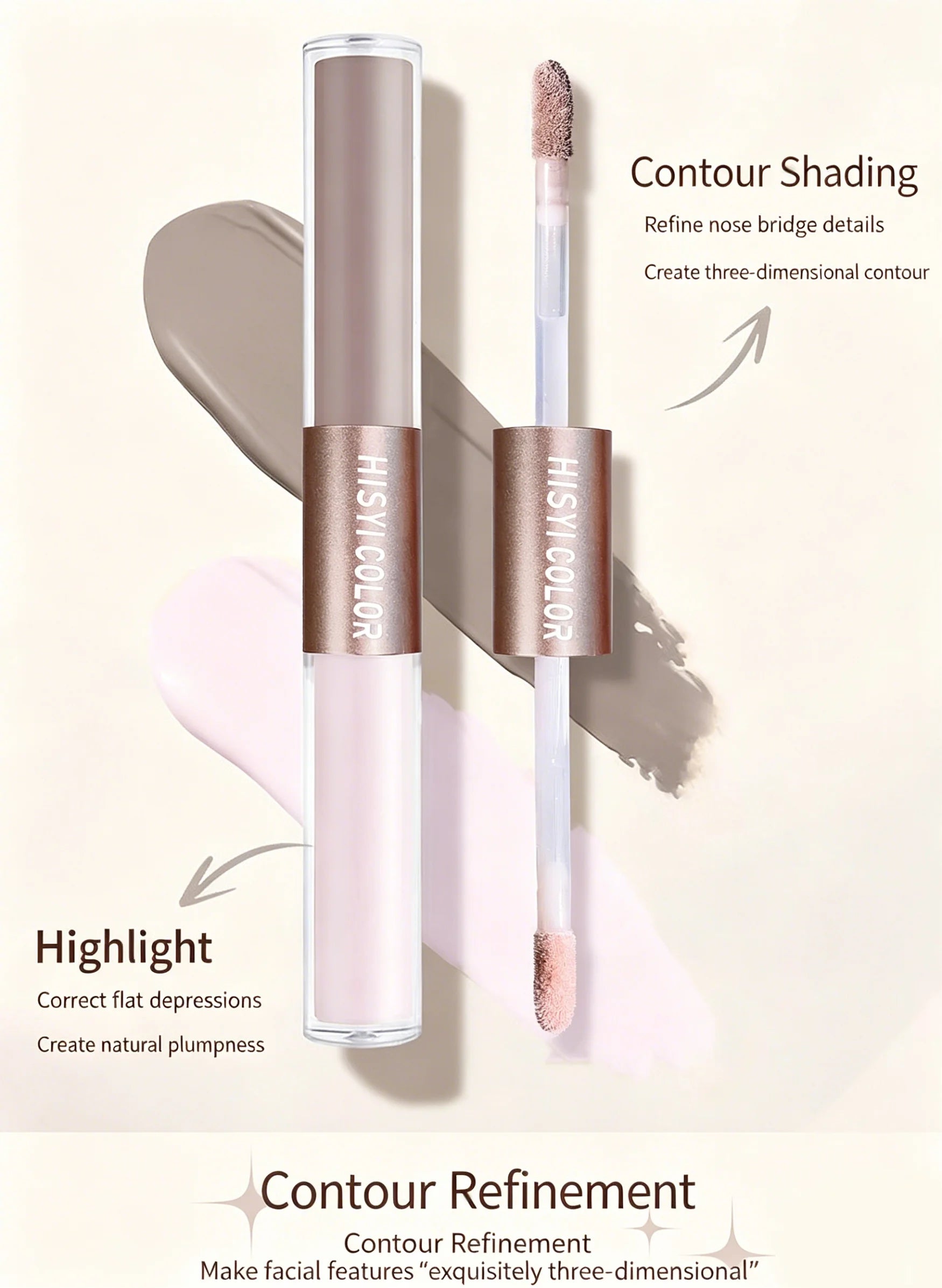 Dual-End Liquid Highlighter Pen, Skin Brightening & Contouring Stick, Natural Contour, Long-Lasting, Waterproof