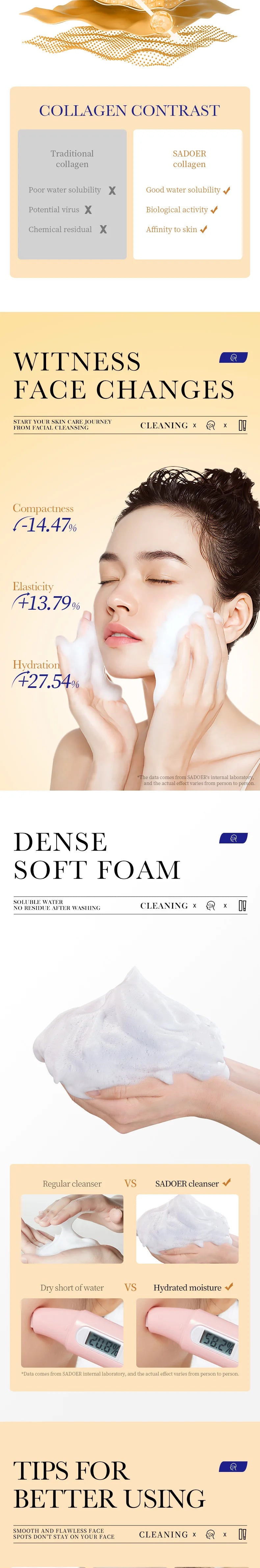 SADOER Collagen Facial Cleanser Moisturizing Anti-aging Anti Wrinkles Face Cleansing Face Wash Foam Cleanser Skin Care Products