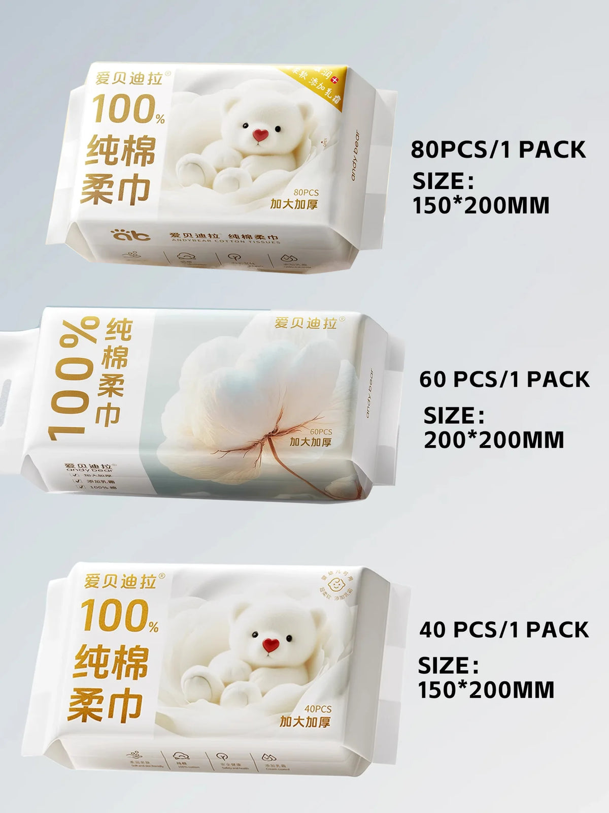 Newborn Baby Cotton Dry Wipes Unscented Hypoallergenic 3-In-1 Clean Care Protect Thick Sensitive Skin Facial Towels for Infants