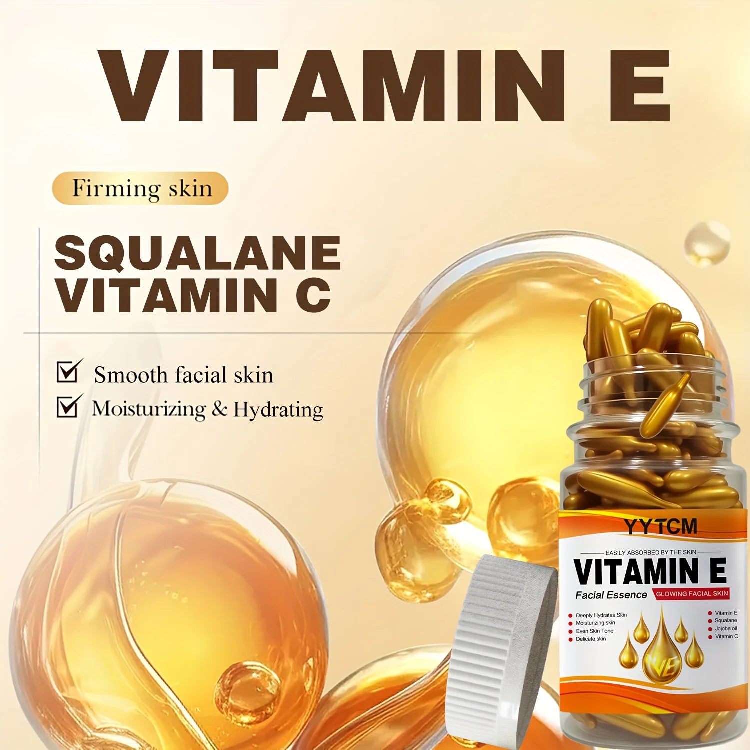 Vitamin E Deep Moisturizing Capsule Essence, hydrates and smooths the skin, contains plant squalane, vitamin C, and deep moisturizing and brightening skin essence (0.4g x 90 capsules)/bottle - 1 bottle