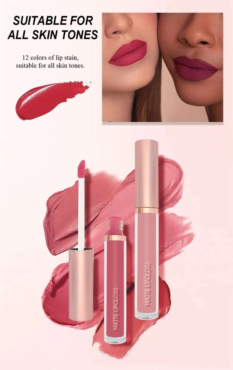 12 Colors Matte Velvet Sexy Lip Gloss Waterproof Long-Lasting Non-stick Cup Lip Glaze Nude Liquid Lipstick Lips Makeup Cosmetics