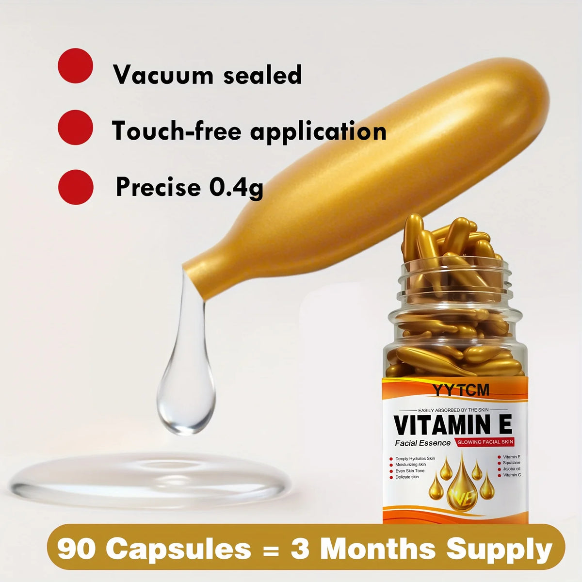 Vitamin E Deep Moisturizing Capsule Essence, hydrates and smooths the skin, contains plant squalane, vitamin C, and deep moisturizing and brightening skin essence (0.4g x 90 capsules)/bottle - 1 bottle