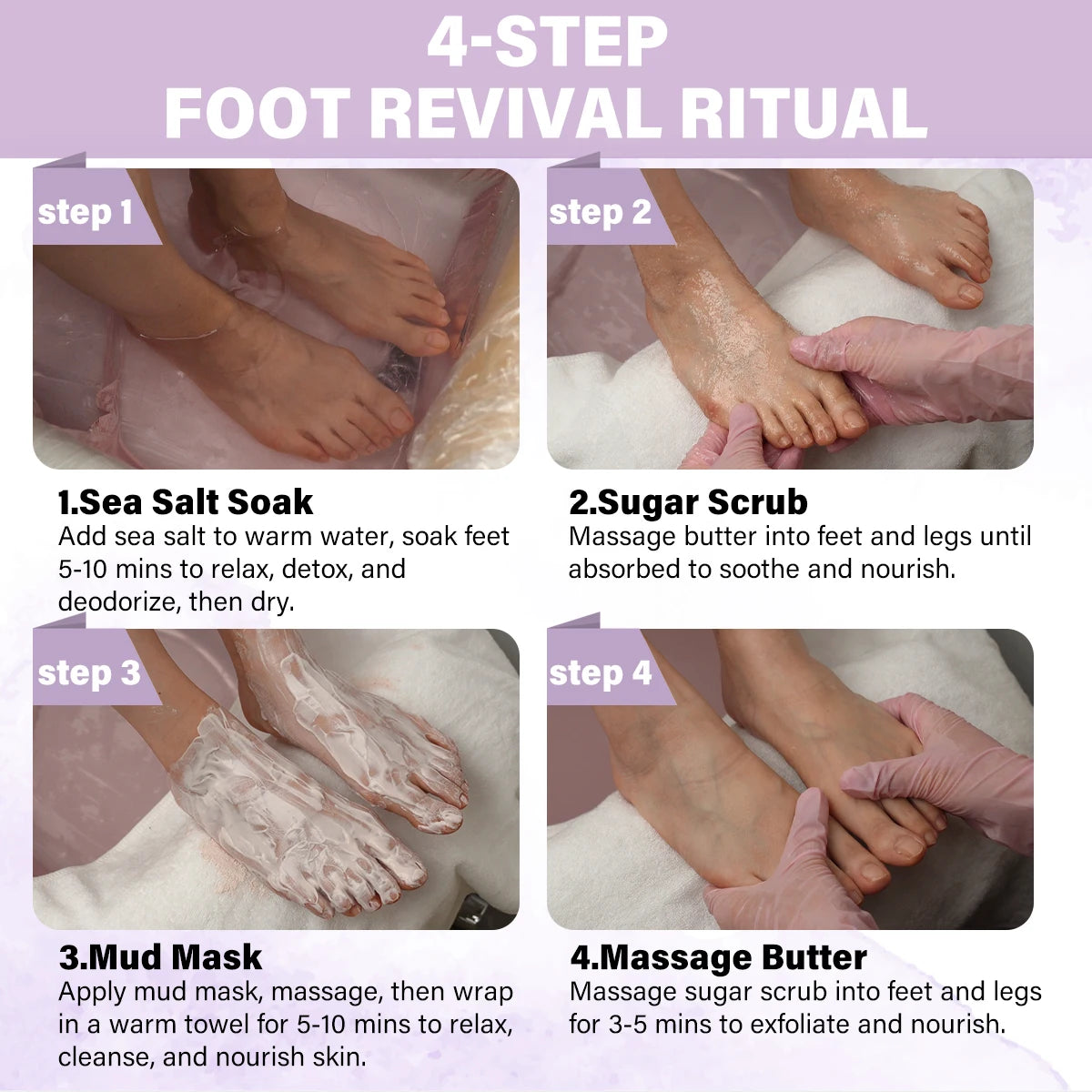 50Sets/Case FOOTNICE 4 Step Spa Pedicure Kit Foot Scrub Soak Herbal Spa Foot Peeling Skin Care 4 in 1 Deluxe Spa Pedicure Kit