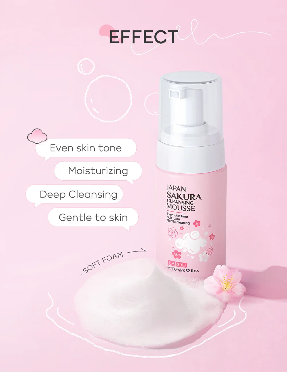 LAlKOU Japan Sakura Cleansing Mousse Facial Cleanser  Shrink Pores Deep Clean Oil Control Moisturizing Skin Care 100ml