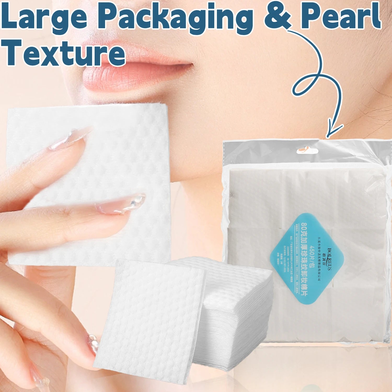 450PCS 3D Water-locking Makeup Cotton Pads for Women Non-shedding Square Pearl Pattern Cosmetic Remover Cotton Pads Face Tools