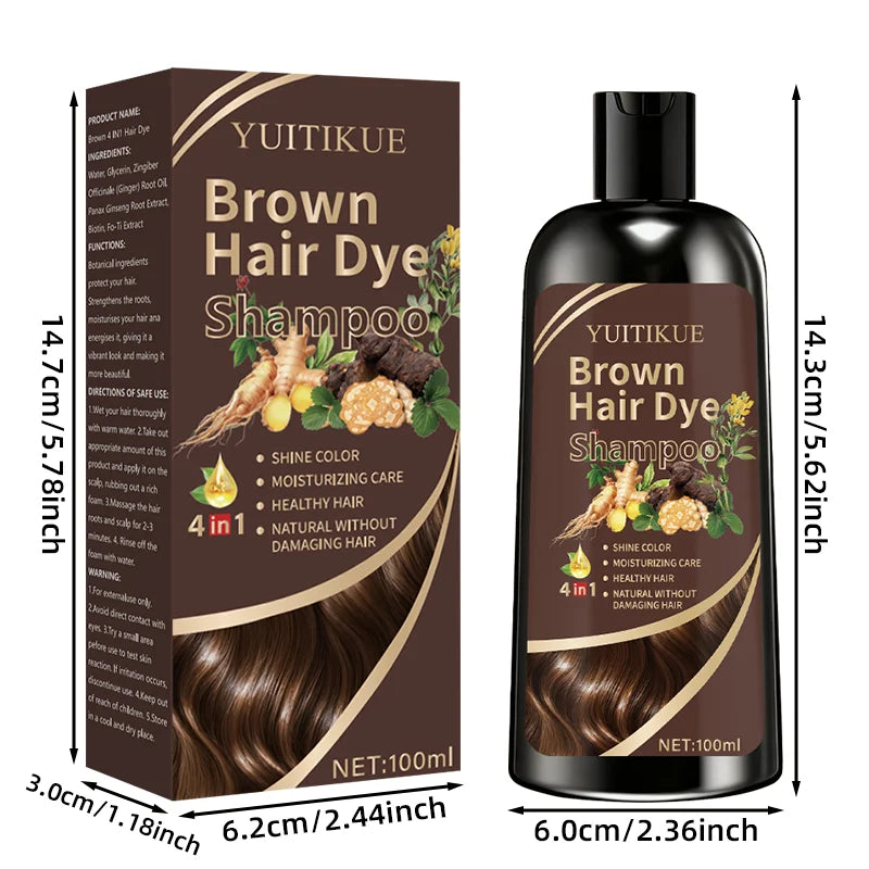 YUITIKUE Brown Hair Dye Shampoo 100ml - Plant Extract Formula, Covers Gray Hair, Natural Color, No Damage, 4-in-1 Care