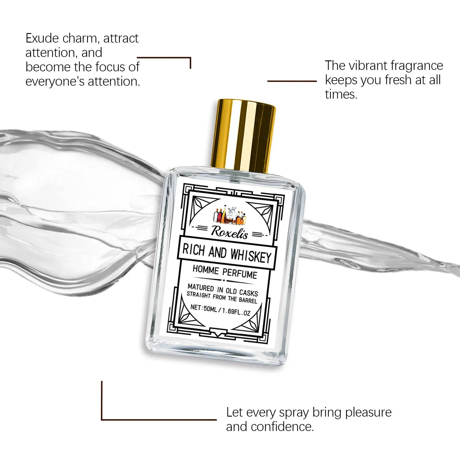 Roxelis Whiskey Scent Perfume Exude Elegance Lasting Charm Boost Confidence Light Fragrance Level Fragrance Spray for Men 50ml