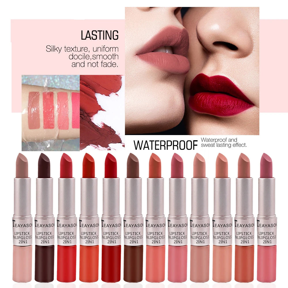1Pc Long Lasting Velvet Matte Lipstick Double Head Lip Gloss Non-stick Cup Lip Gloss Waterproof 2 in 1 Matte Red Lipstick Makeup