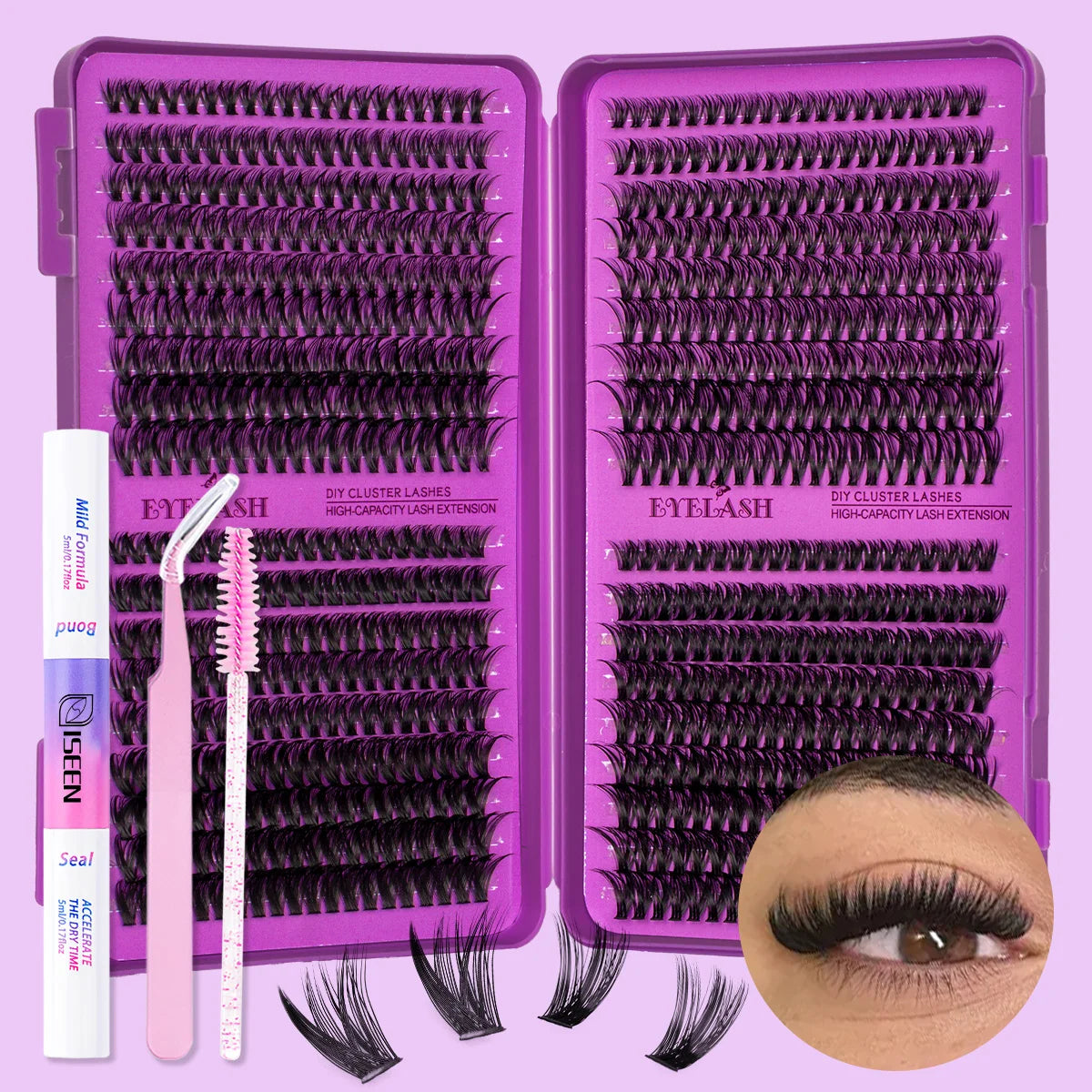 Lash Clusters Kit DIY Lash Extension Kit Large Capacity D Curl with Lash Bond And Seal And Eyelash Tweezers Makeup