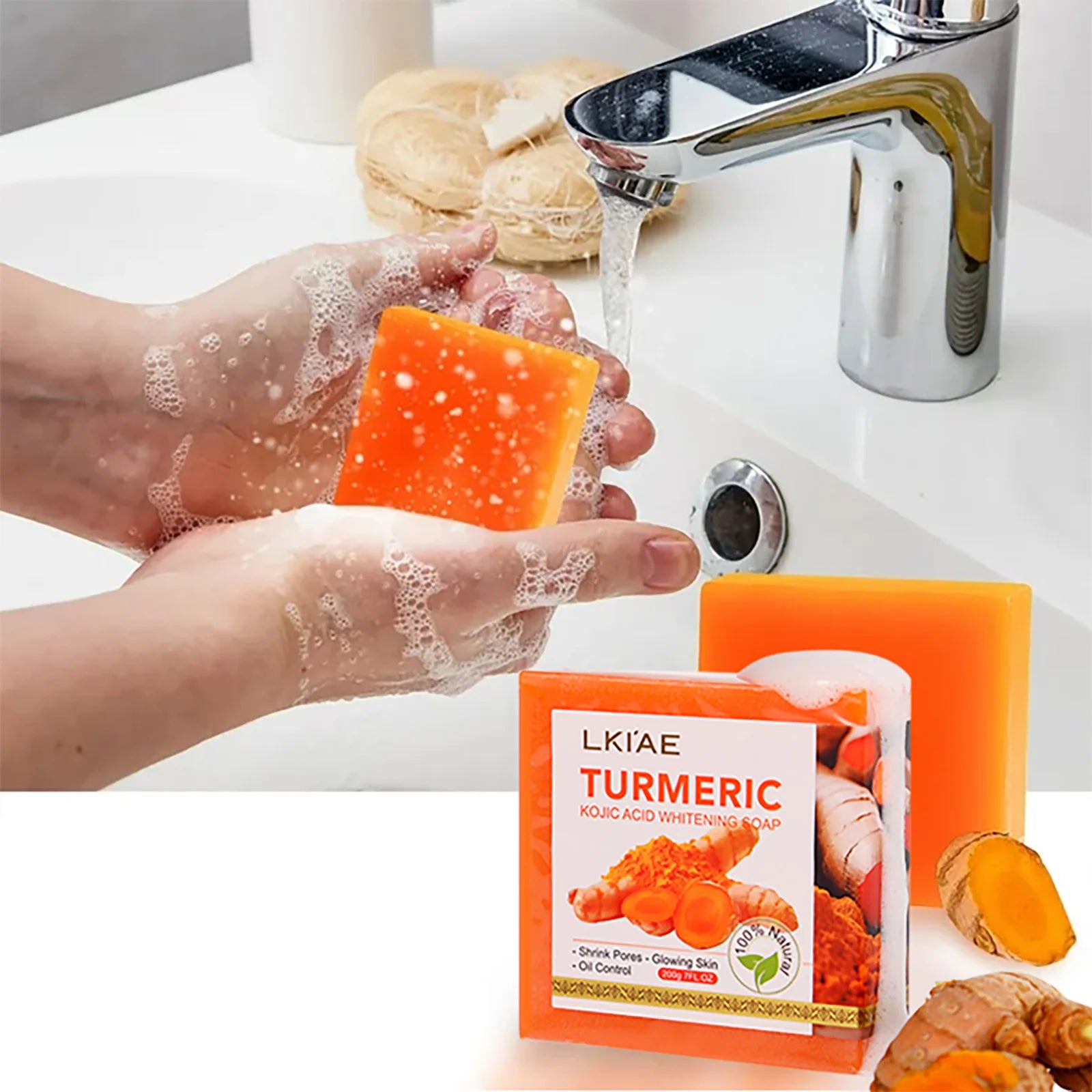 LKIAE Organic Turmeric Soap Bar, Natural Herbal Hand Made Whitening Soap, Remove Melanin, Acne, Spots, For Face And Body,200g
