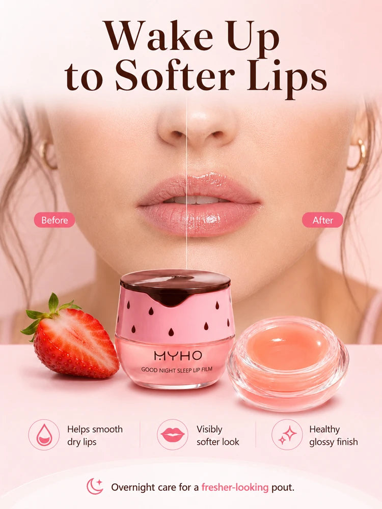 MYHO Strawberry Lip Sleeping Mask Overnight Repair Balm Hydrating Moisturizing Jelly Lip Care Non-Sticky Gloss with Applicator