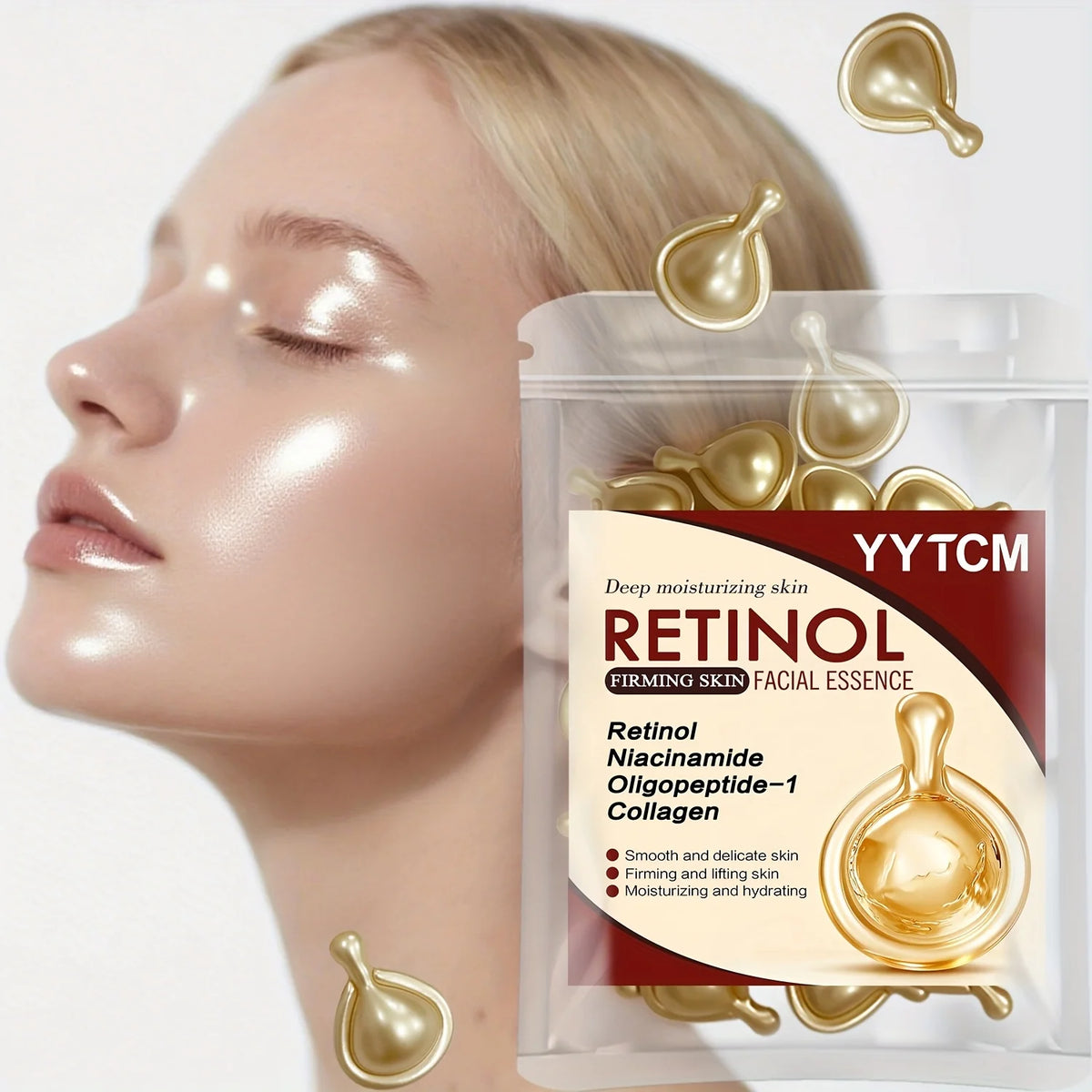 Retinol Firming Facial Moisturizing Essence Capsules, Retinol Facial Essence, Contains Hydrolyzed Collagen, Niacinamide, Deep Moisturizing (0.5Gx30 Capsules)/Bag-1 Bag