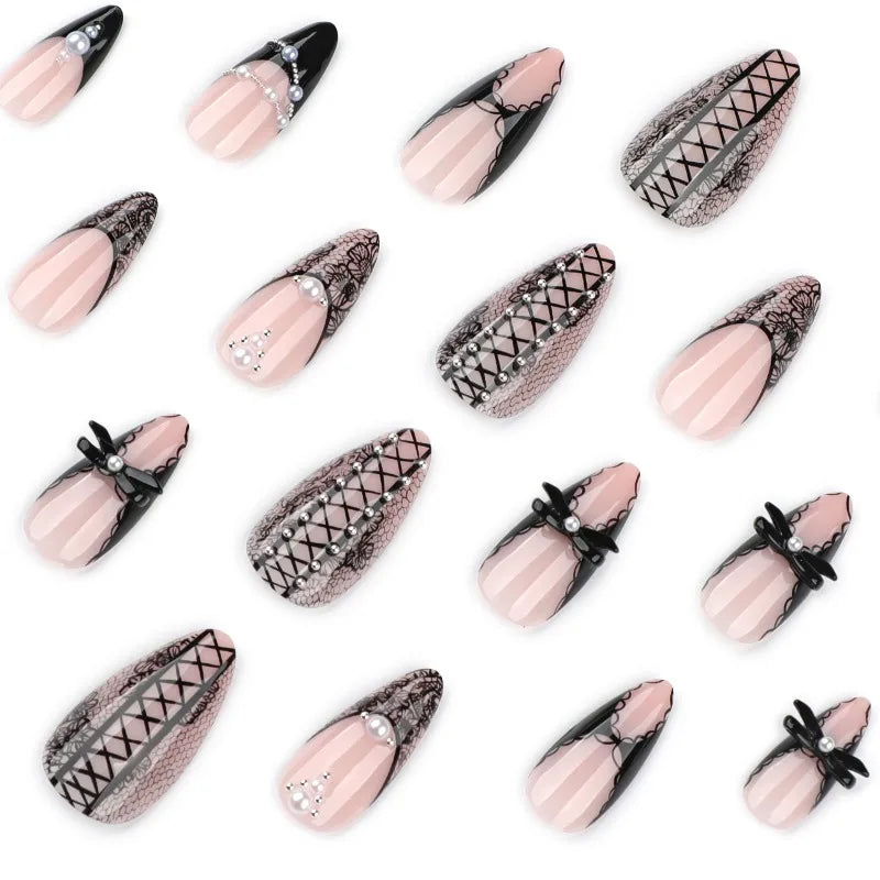 Black Cool Fake Nails Halloween Bat Press on Nails Almond Decorated Nail Tips Rivet Bow False Nails 24pcs Reusable Acrylic Nails