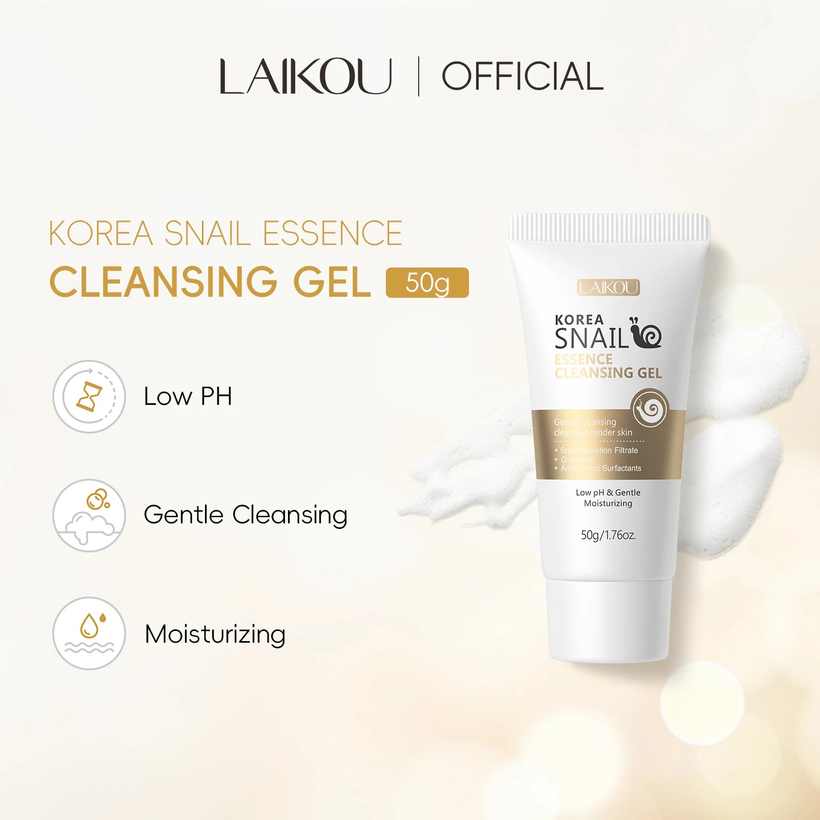 LAIKOU Korea Snail Essence Cleansing Gel 50g Low PH Gentle Cleansing Moisturizing Clear Tender Skin Daily Face Wash