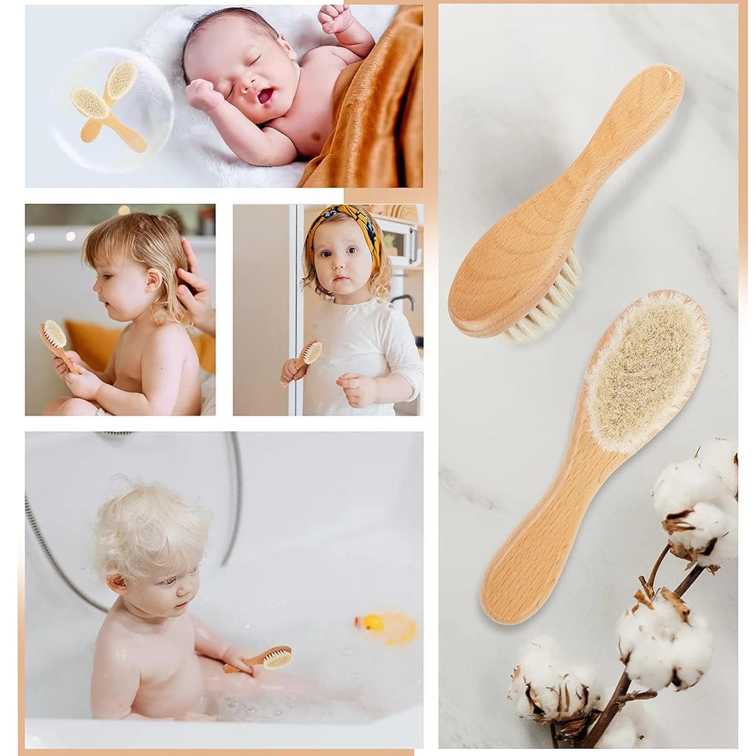 1/2/3PCS Newborn Wool Baby Wooden Brush Comb Newborn Hair Brush Infant Head Massager Portable Comb Hair Bath Brush Comb