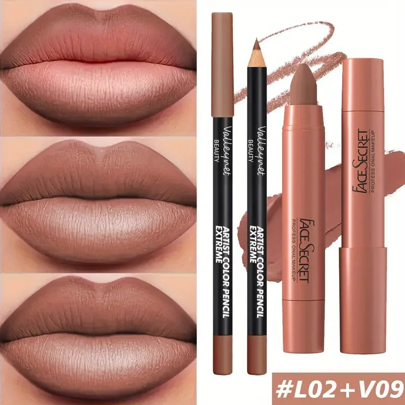 2pcs/Set Matte Velvet Lipstick Lip Combo,Long-lasting Waterproof High-saturation Non-sticky Formula,pink Pink Tones