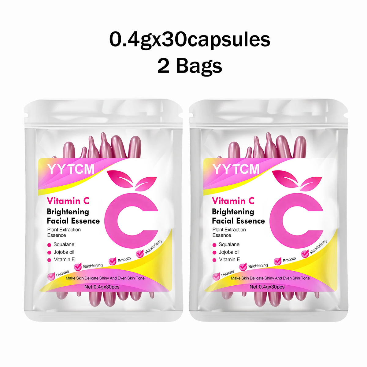 Vitamin C Brightening Skin Moisturizing Capsule Serum, hydrates and smooths the skin, contains plant squalane, vitamin E, magnolia oil, and jojoba seed oil for deep hydration and skin brightening (0.4g x 30 capsules)/bag-1 ba