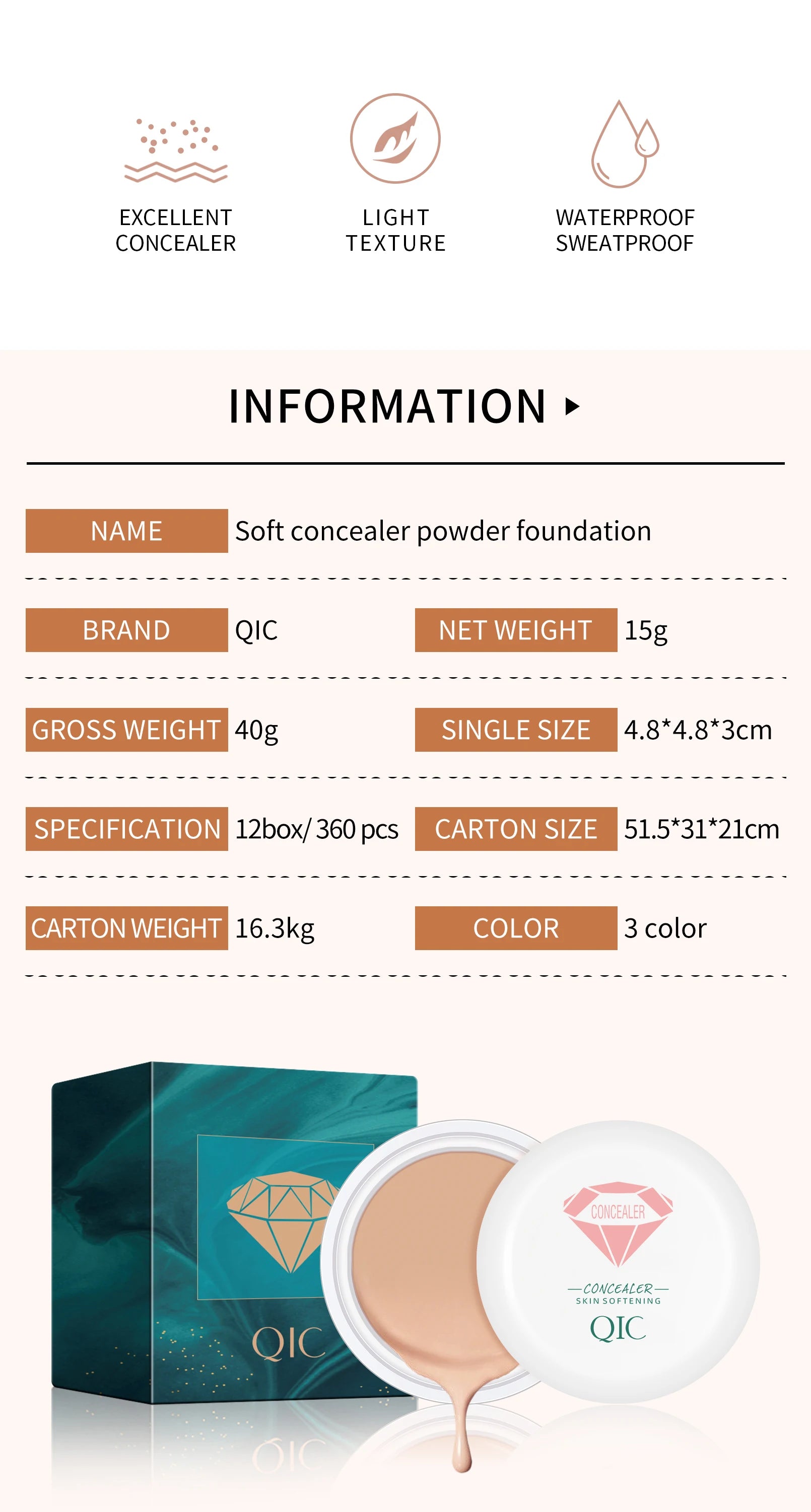 QIC Waterproof & Sweatproof Concealer Cream - Tattoo Coverage, Long-Lasting Foundation, Natural, Full Coverage, All Skin Types