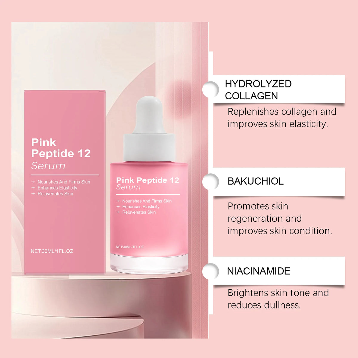 Pink Peptide 12 Facial Serum Niacinamide Hydration Firm-Looking Skin Uneven Tone Care Glass Skin Korean Skincare Face Essence
