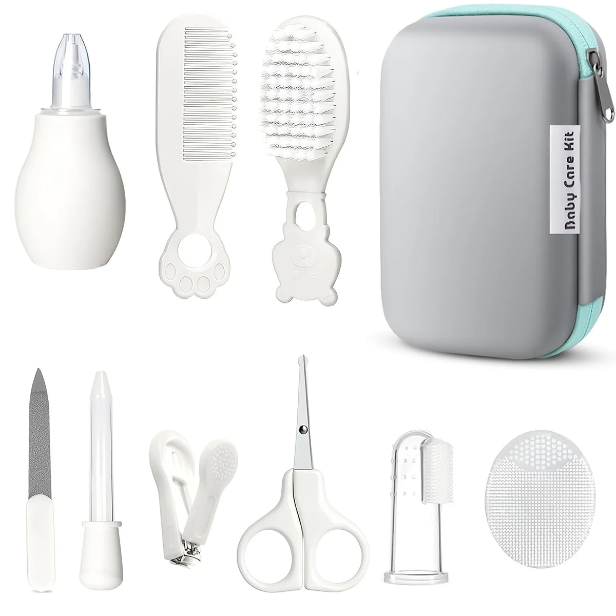 9pcs/pack Baby Grooming Kit with Travel Case, Safety Care Set with Feeding Dropper, Nose Cleaner, Nail Clippers, Comb, Brushes,
