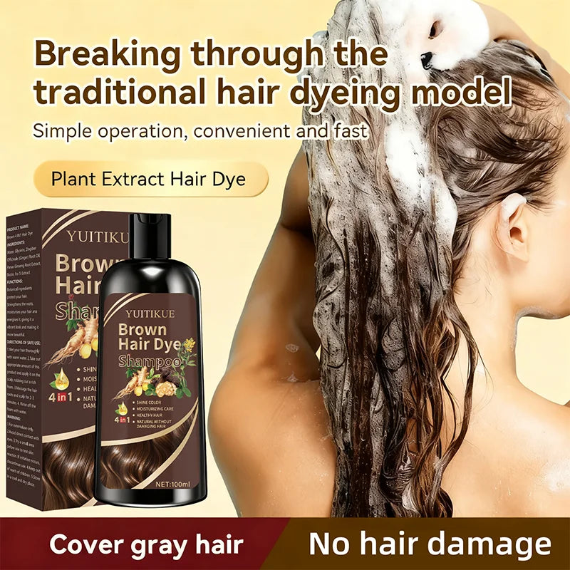 YUITIKUE Brown Hair Dye Shampoo 100ml - Plant Extract Formula, Covers Gray Hair, Natural Color, No Damage, 4-in-1 Care