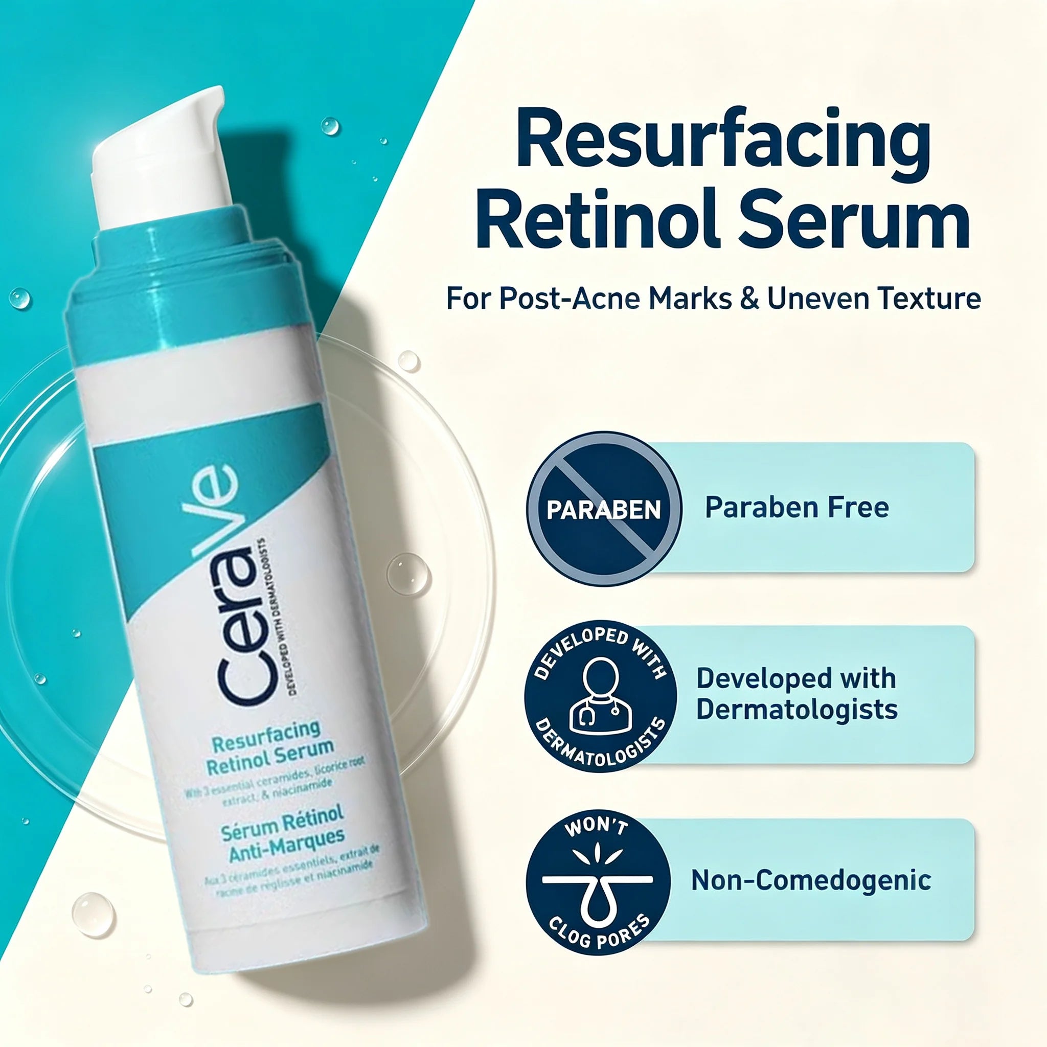 CeraVe Retinol Serum Niacinamide Licorice Root, Skin Smoothing Tone Care, Barrier Repair, Non-Comedogenic For Blemish Prone Skin